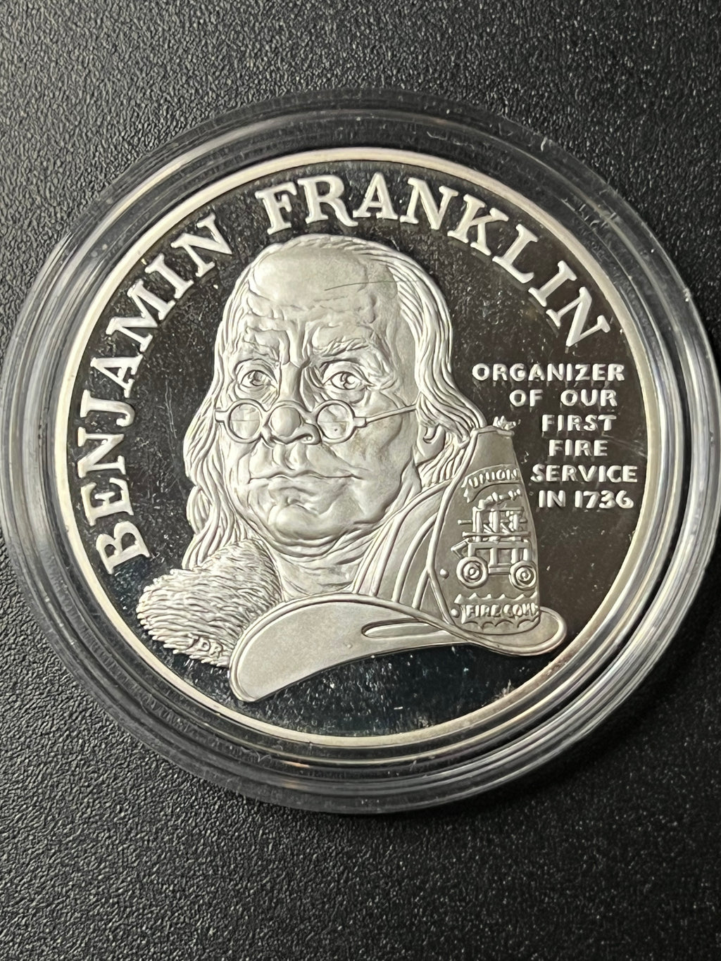 Benjamin Franklin "Organizer of Our First Fire Service" Thematic Silver Art Round – Encapsulated