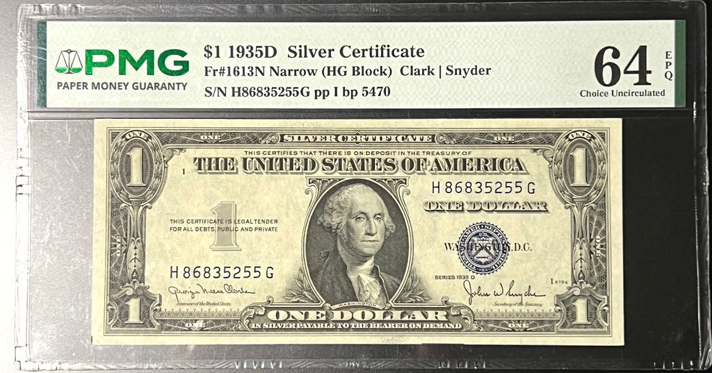 1935D $1 Silver Certificate – PMG 64 Choice Uncirculated (EPQ)