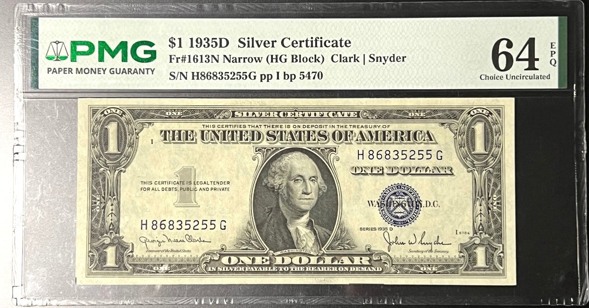 1935D $1 Silver Certificate – PMG 64 Choice Uncirculated (EPQ)