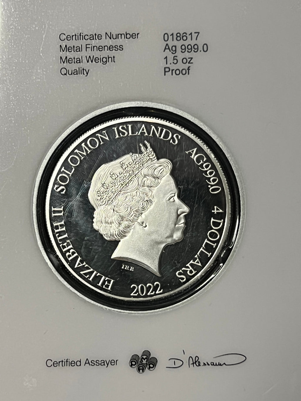 2022 Solomon Islands 1.5 oz Silver Liberty Proof — PAMP Suisse (Assayed in Presentation Card)