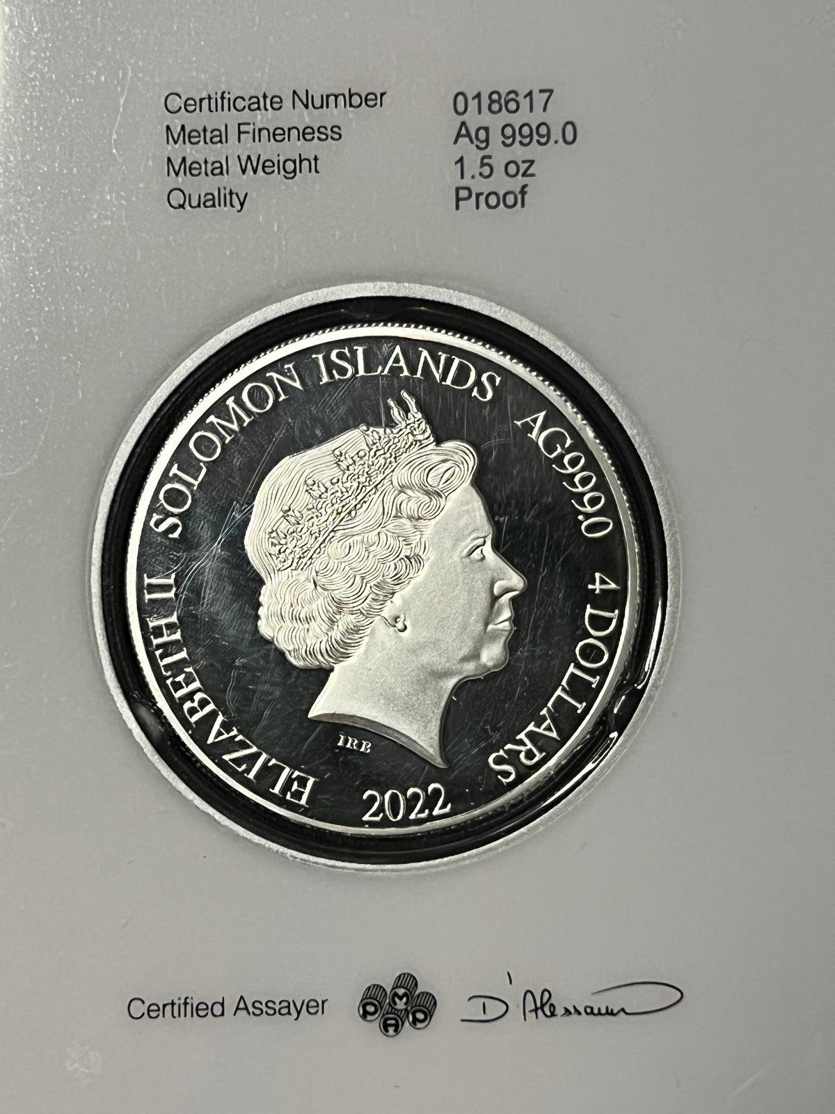 2022 Solomon Islands 1.5 oz Silver Liberty Proof — PAMP Suisse (Assayed in Presentation Card)
