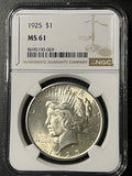 1925 $1 Peace Silver Dollar - NGC MS 61