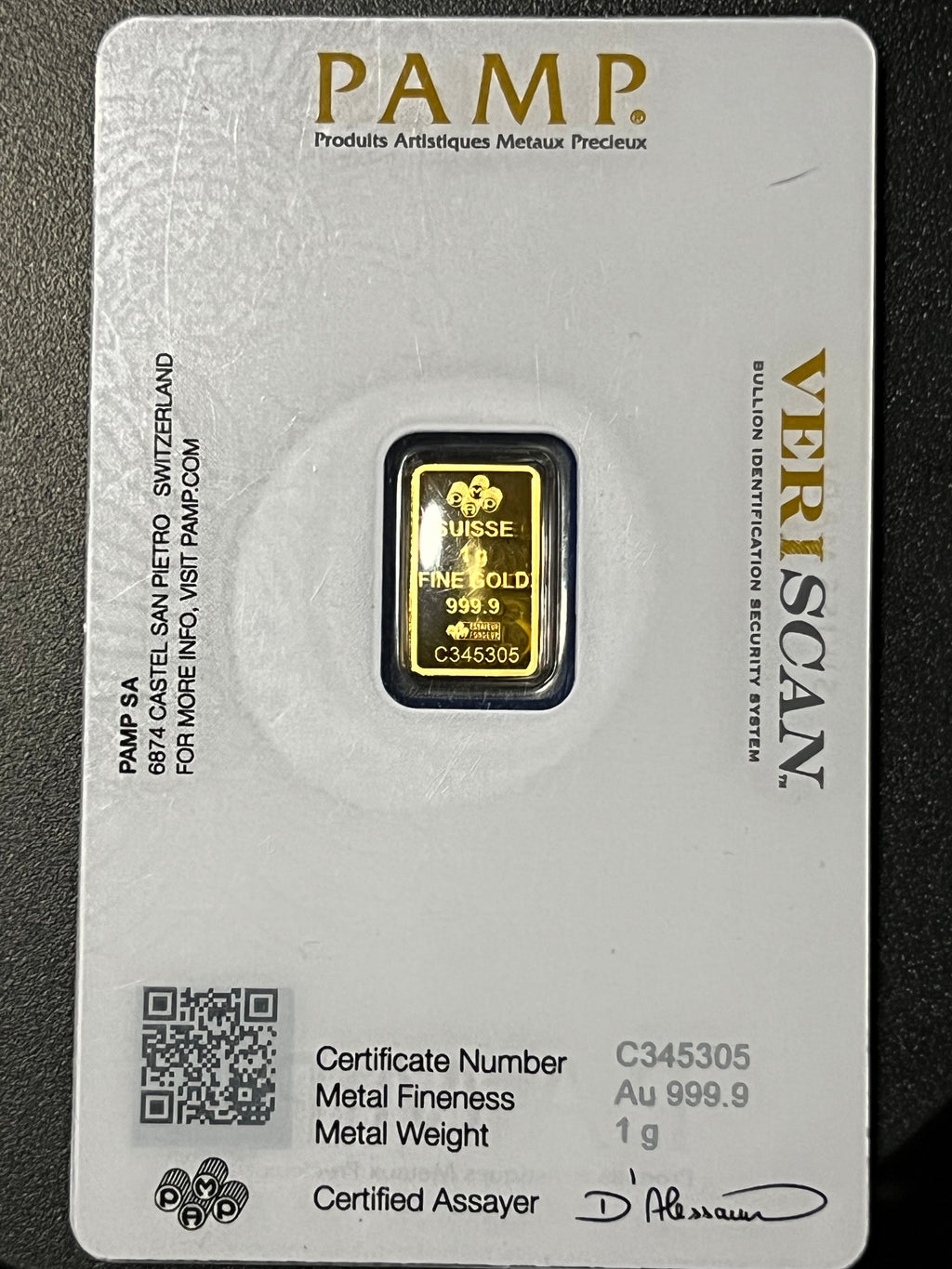 1 gram PAMP Suisse Fortuna Gold Bar (999.9 Fine, In Assay Certcard)