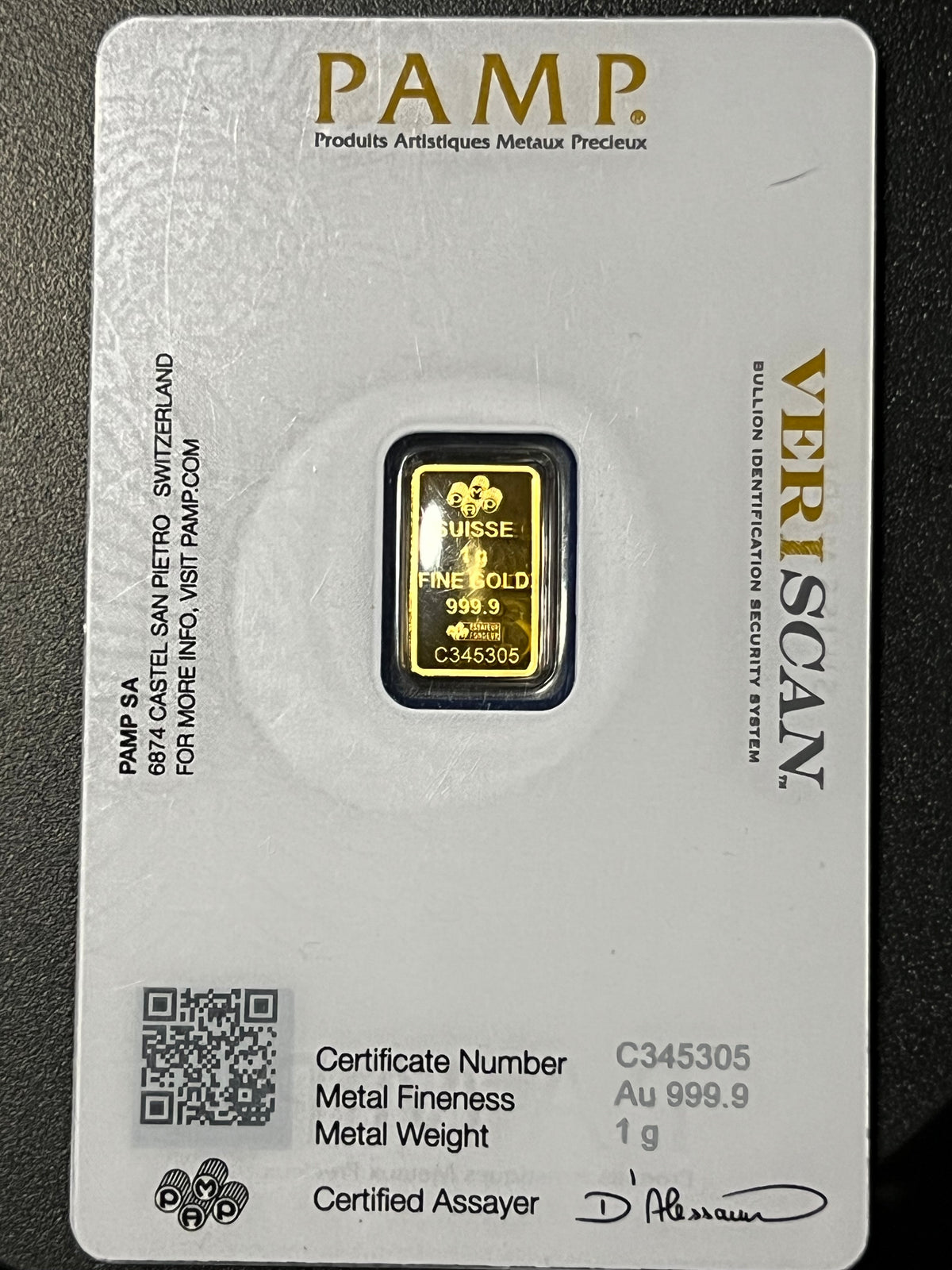 1 gram PAMP Suisse Fortuna Gold Bar (999.9 Fine, In Assay Certcard)