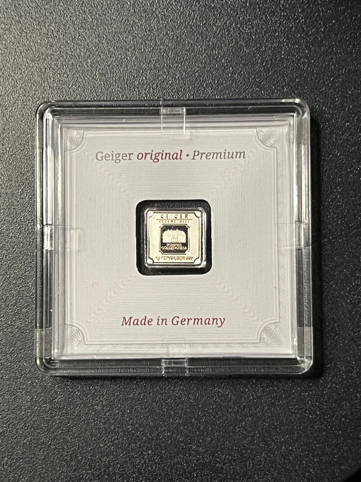 1 Gram Geiger Edelmetalle Schloss Güldengossa Silver Square Bar — .999 Fine (In Original Assay Capsule)