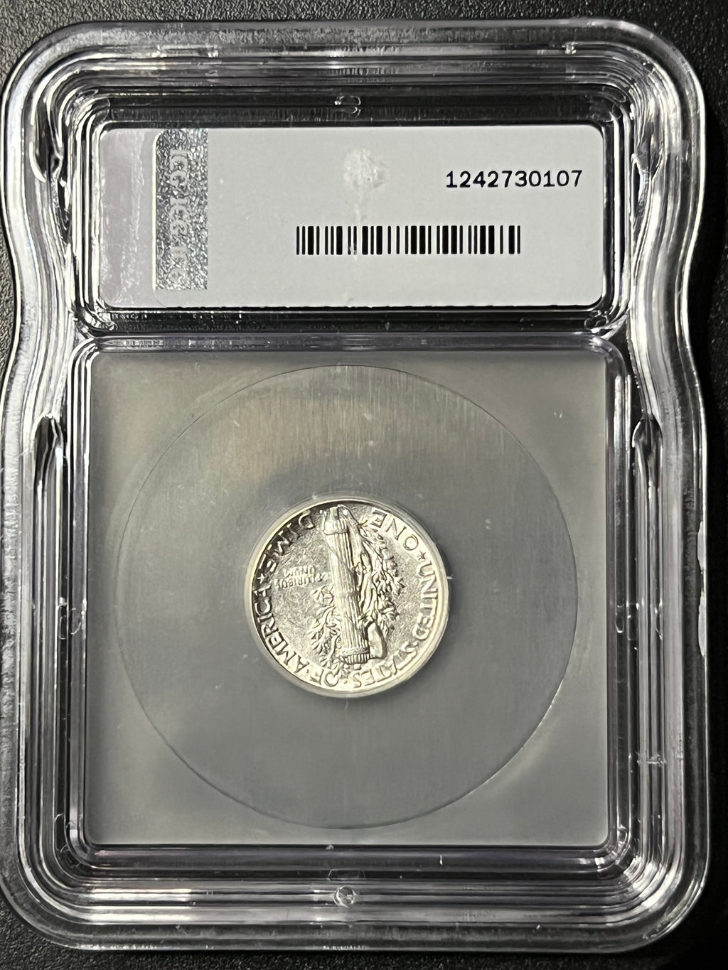 1945 Mercury Dime — ICG GLO AU55 — UV Fluorescent Holder