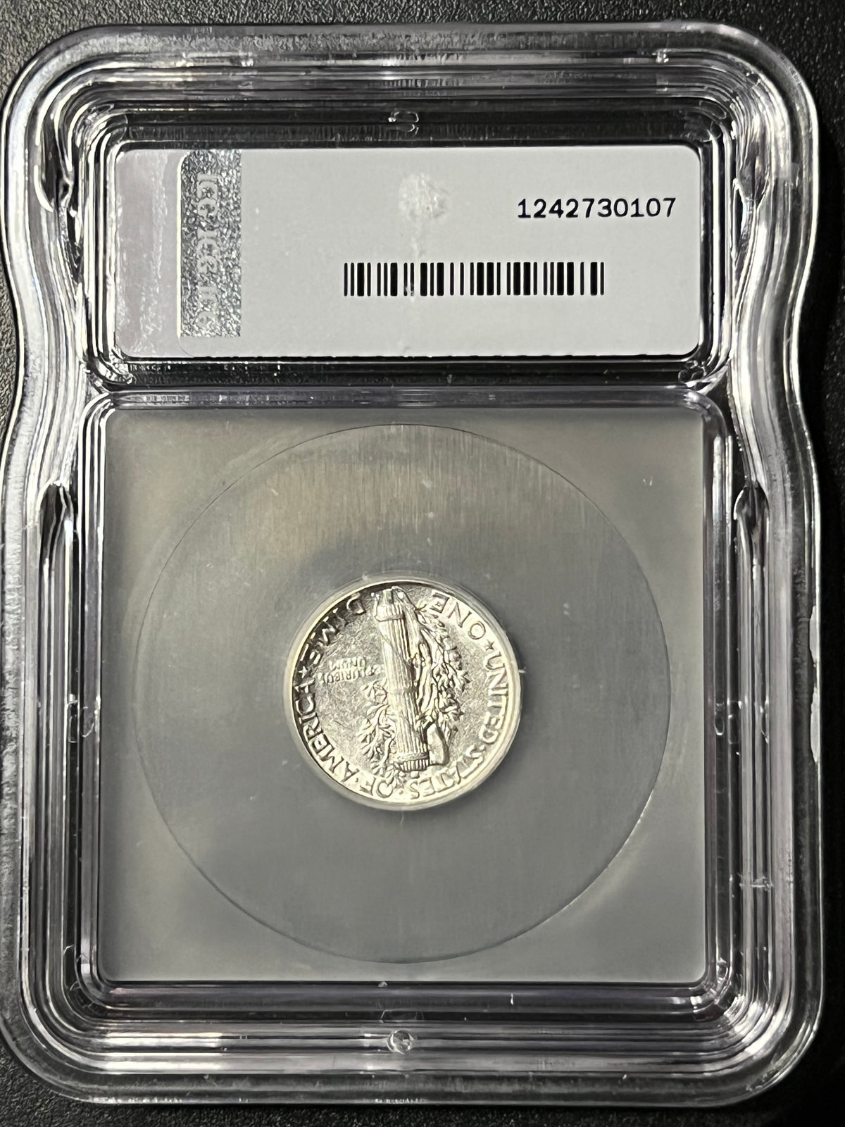 1945 Mercury Dime — ICG GLO AU55 — UV Fluorescent Holder