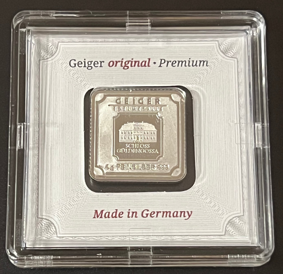 Geiger Edelmetalle 5 Gram .999 Silver Square Bar (In Assay / Certicard)