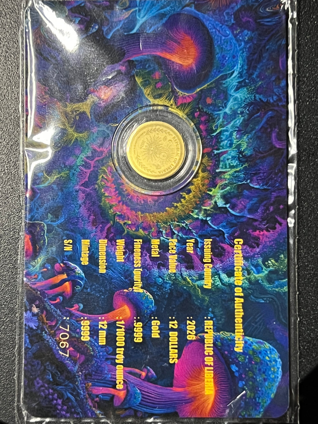 2026 Republic of Liberia 12 Dollars "Magic Mushroom" 1/1000 oz Gold Coin — Carded Prooflike Issue