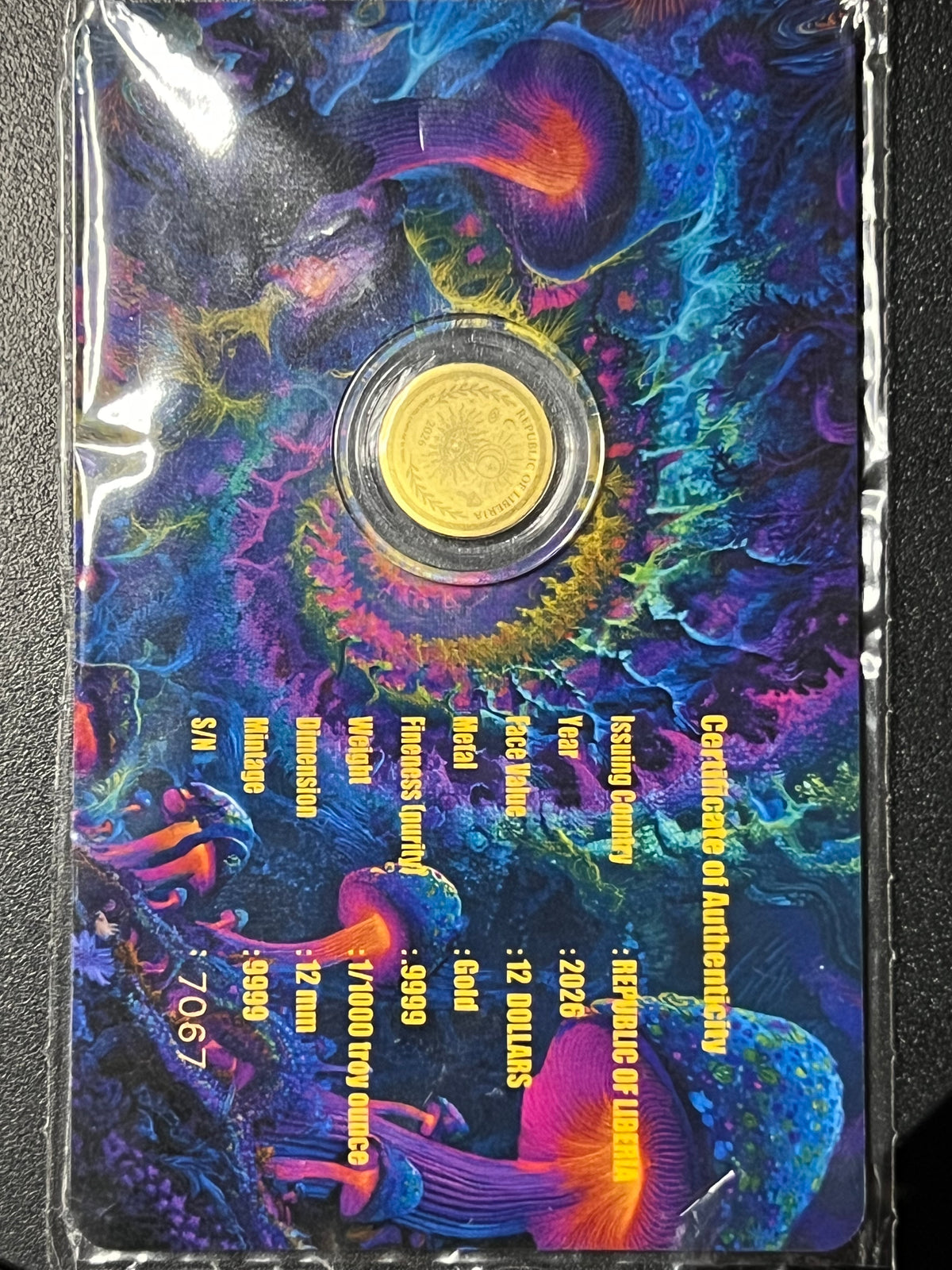2026 Republic of Liberia 12 Dollars "Magic Mushroom" 1/1000 oz Gold Coin — Carded Prooflike Issue
