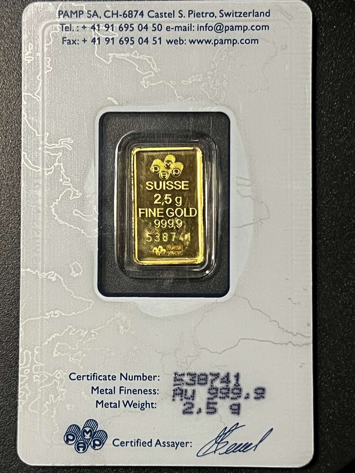 2.5 Gram PAMP Suisse Lady Fortuna Gold Bar — .9999 Fine (Assayed in CertiCard)