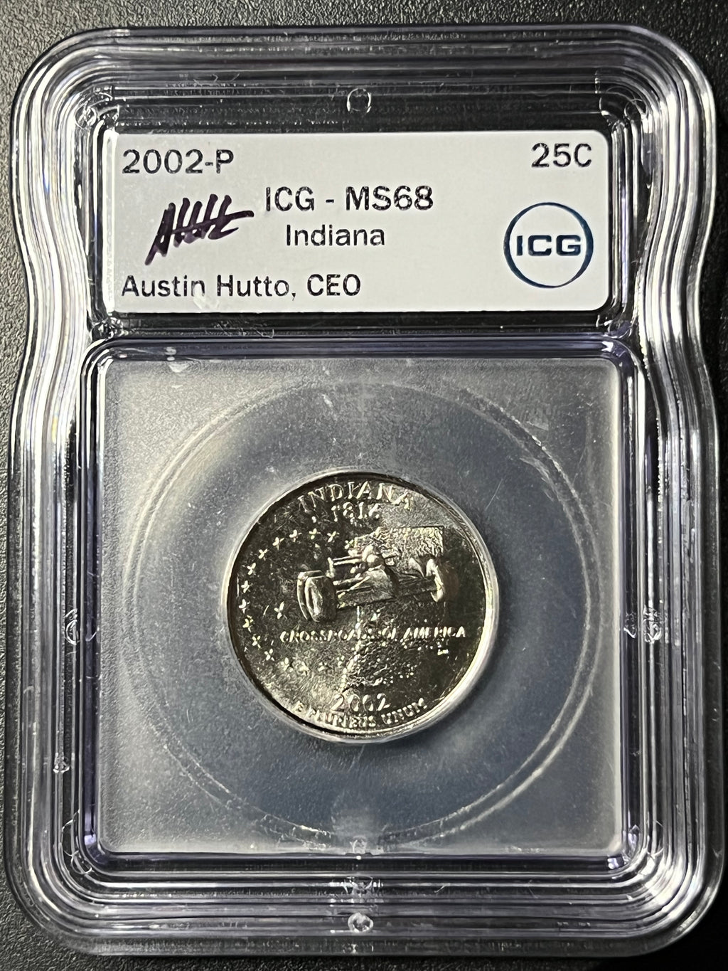 2002-P Indiana State Quarter — ICG MS68 — CEO Signed Label & Indy Car Design
