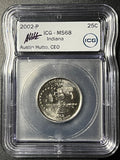 2002-P Indiana State Quarter — ICG MS68 — CEO Signed Label & Indy Car Design