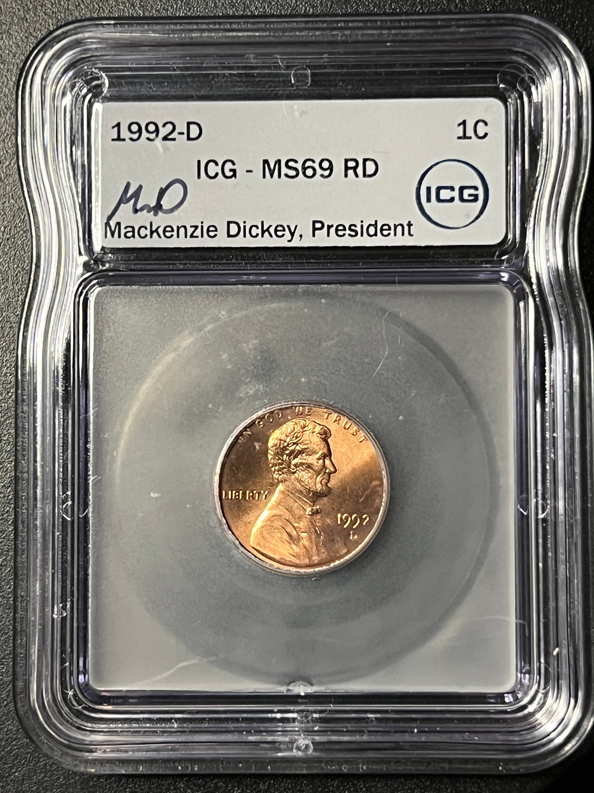 1992-D Lincoln Memorial Cent — ICG MS69 RD