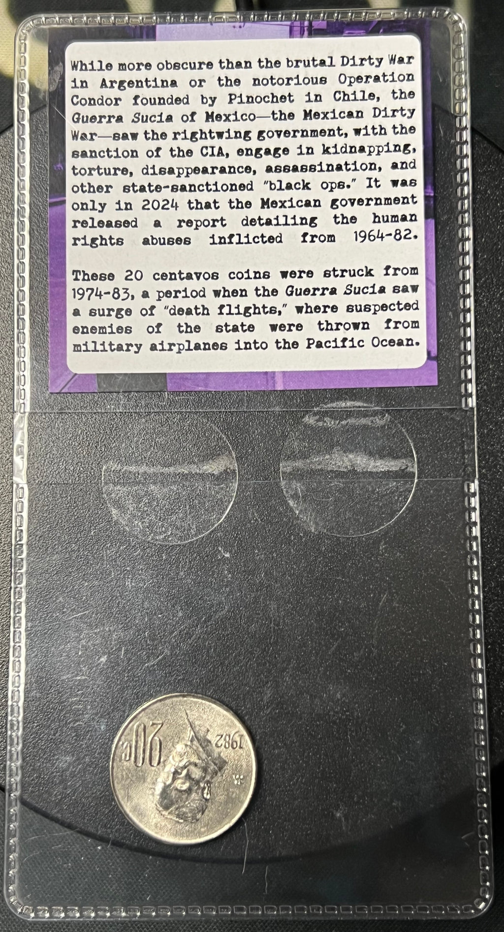 Mexican "Dirty War" (Guerra Sucia) 20 Centavos Coin Display