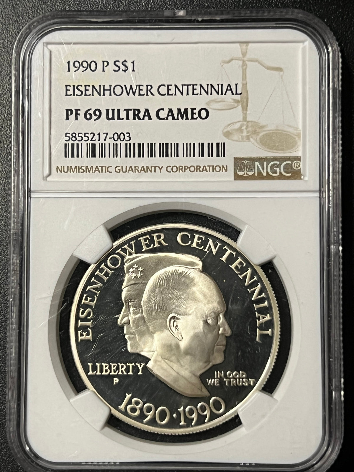 1990-P Eisenhower Centennial Silver Dollar – NGC PF 69 Ultra Cameo