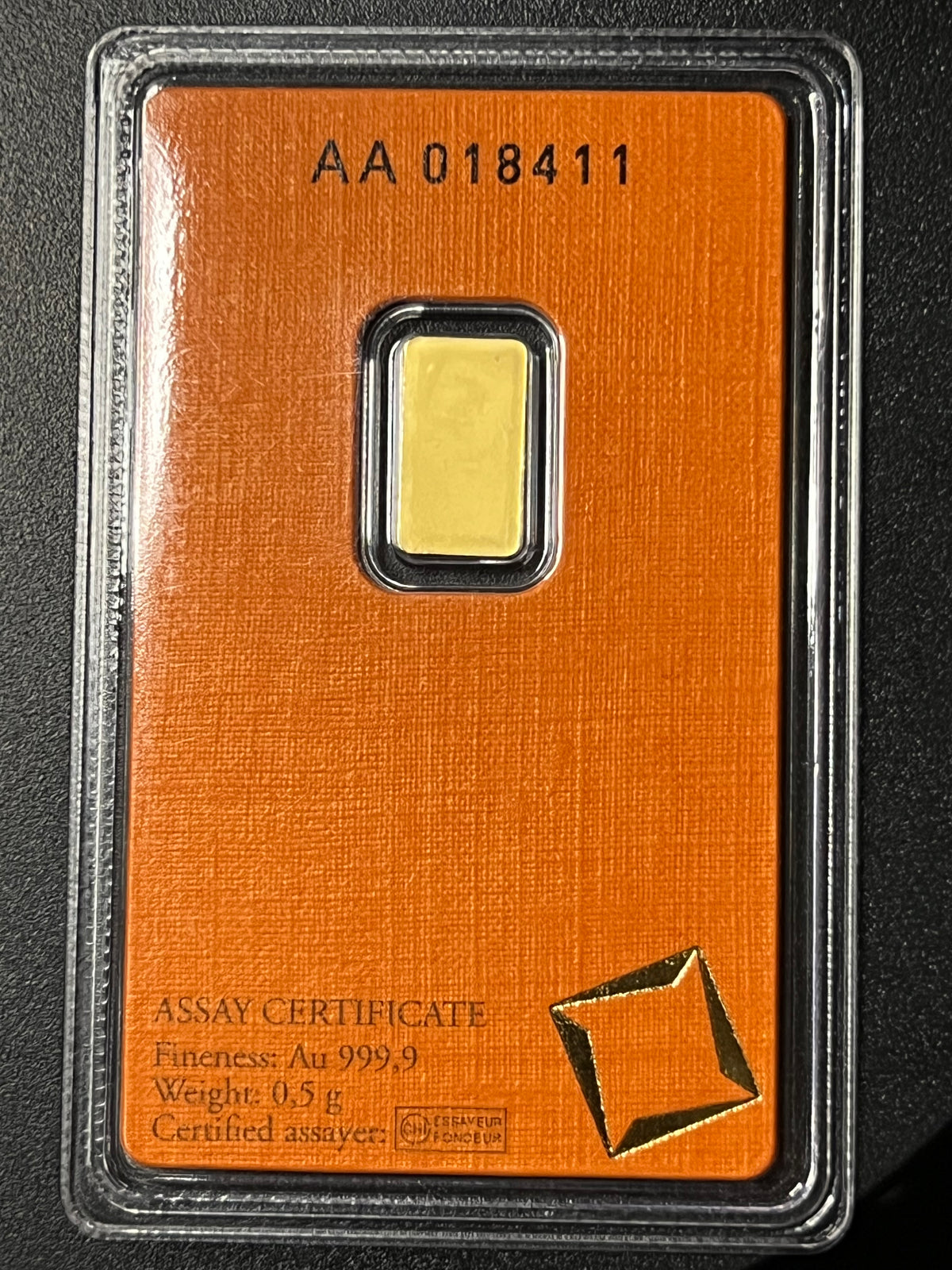 Valcambi Suisse 0.5 Gram .9999 Fine Gold Bar (Assayed in CertiCard Holder)