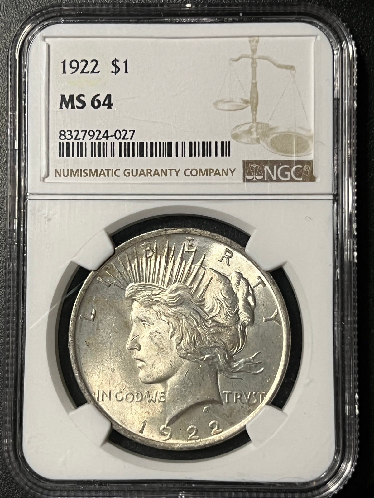 1922 $1 Peace Silver Dollar - NGC MS 64