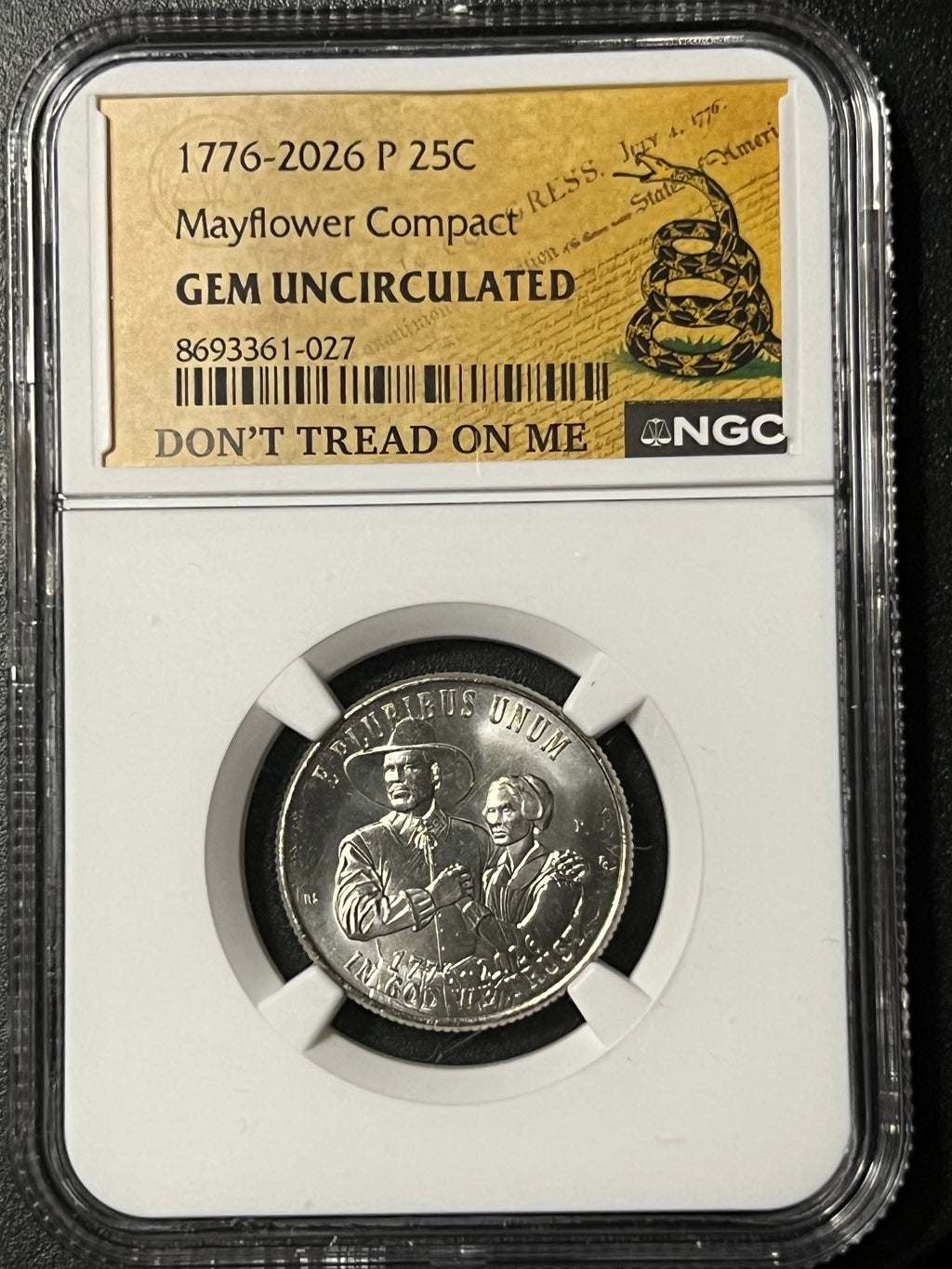 1776–2026 P Semiquincentennial Quarter – Mayflower Compact – NGC Gem Uncirculated ("Don't Tread On Me" Gadsden Label)