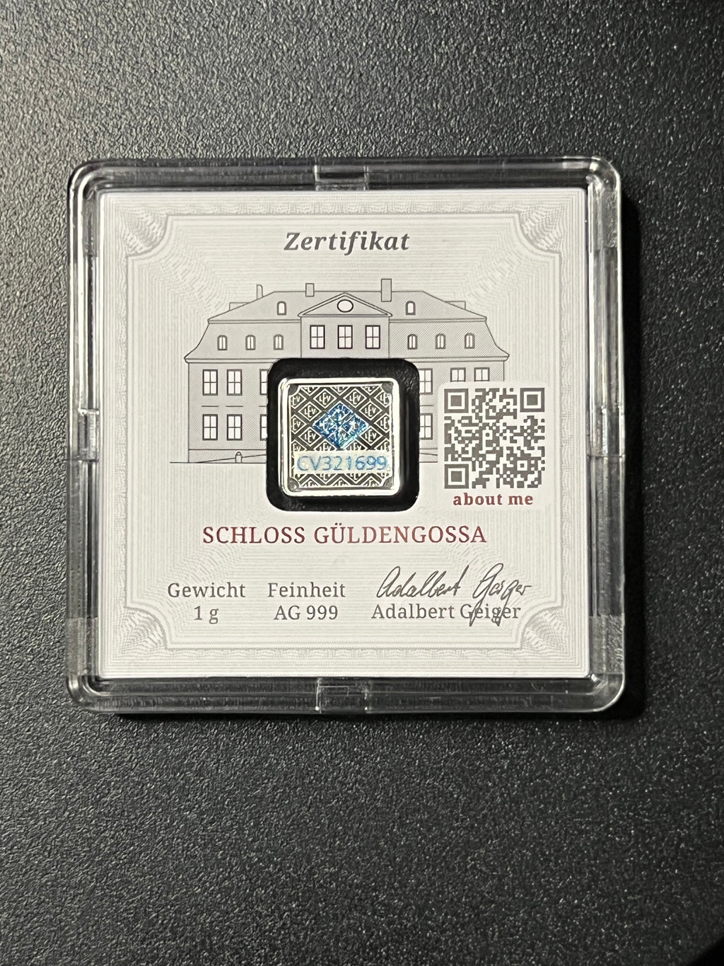 1 Gram Geiger Edelmetalle Schloss Güldengossa Silver Square Bar — .999 Fine (In Original Assay Capsule)