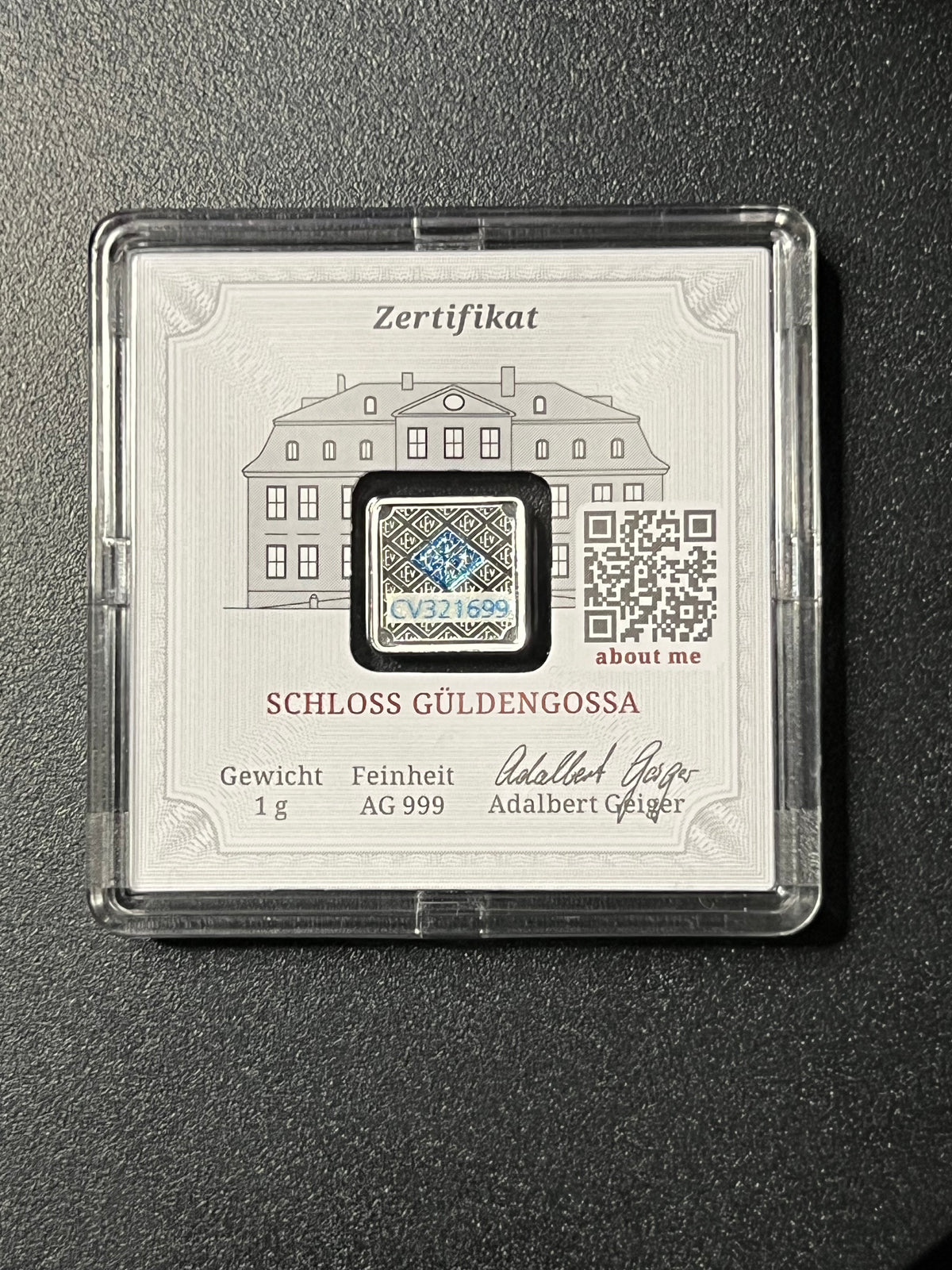 1 Gram Geiger Edelmetalle Schloss Güldengossa Silver Square Bar — .999 Fine (In Original Assay Capsule)