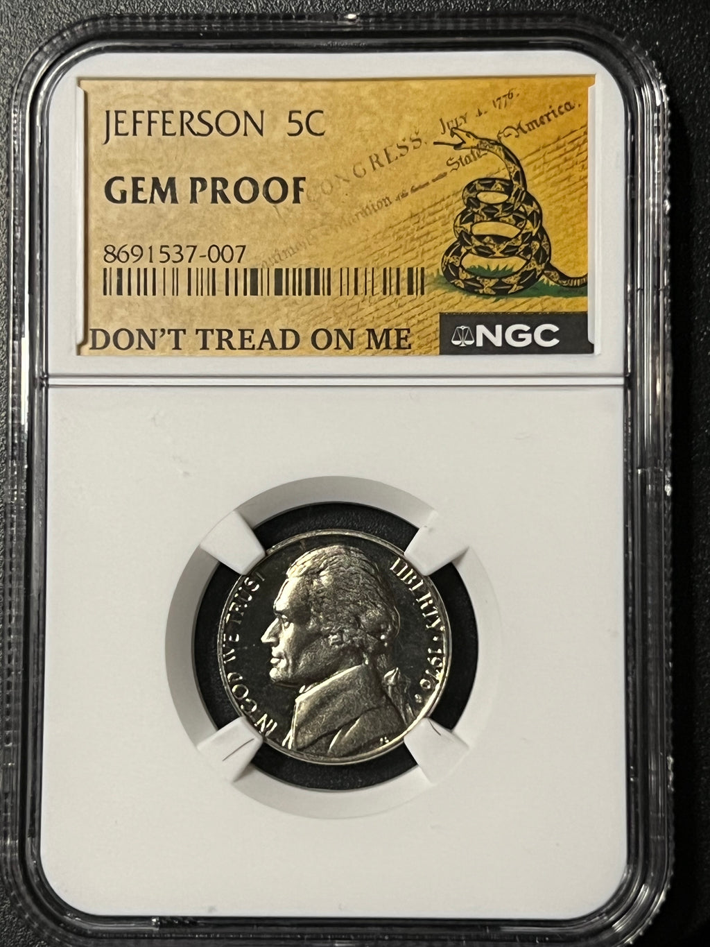 Jefferson Nickel – NGC Gem Proof ("Don't Tread On Me" Gadsden Label)