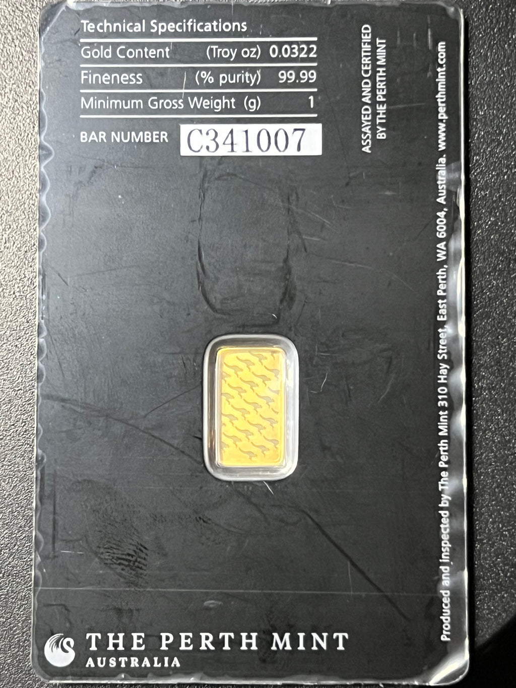 The Perth Mint Australia 1 Gram .9999 Fine Gold Bar (Assayed in Tamper-Evident Card)