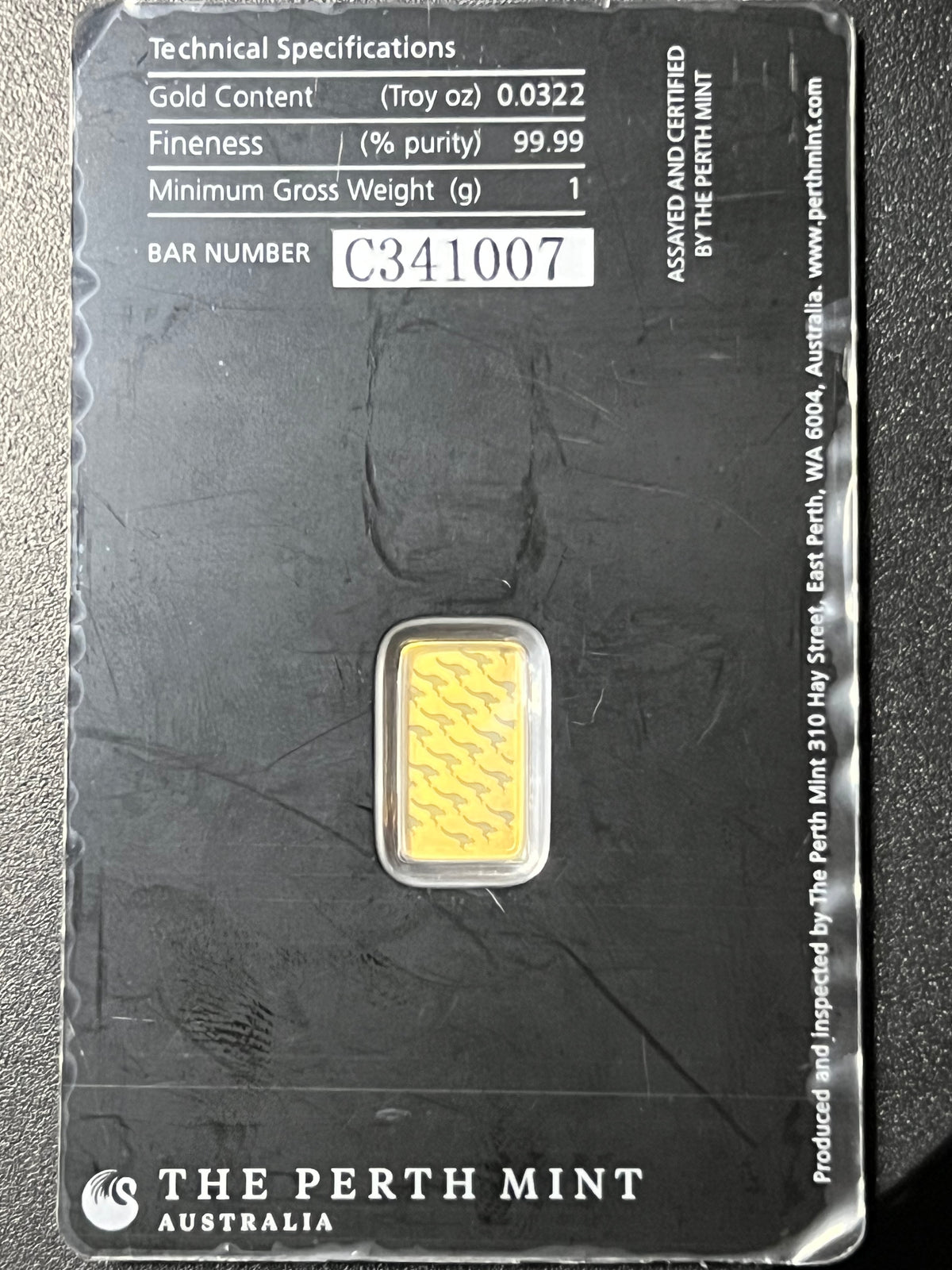 The Perth Mint Australia 1 Gram .9999 Fine Gold Bar (Assayed in Tamper-Evident Card)