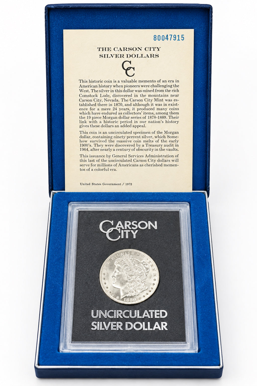 1880-CC Morgan Silver Dollar – GSA Hoard Issue in Original Blue Box & Certificate