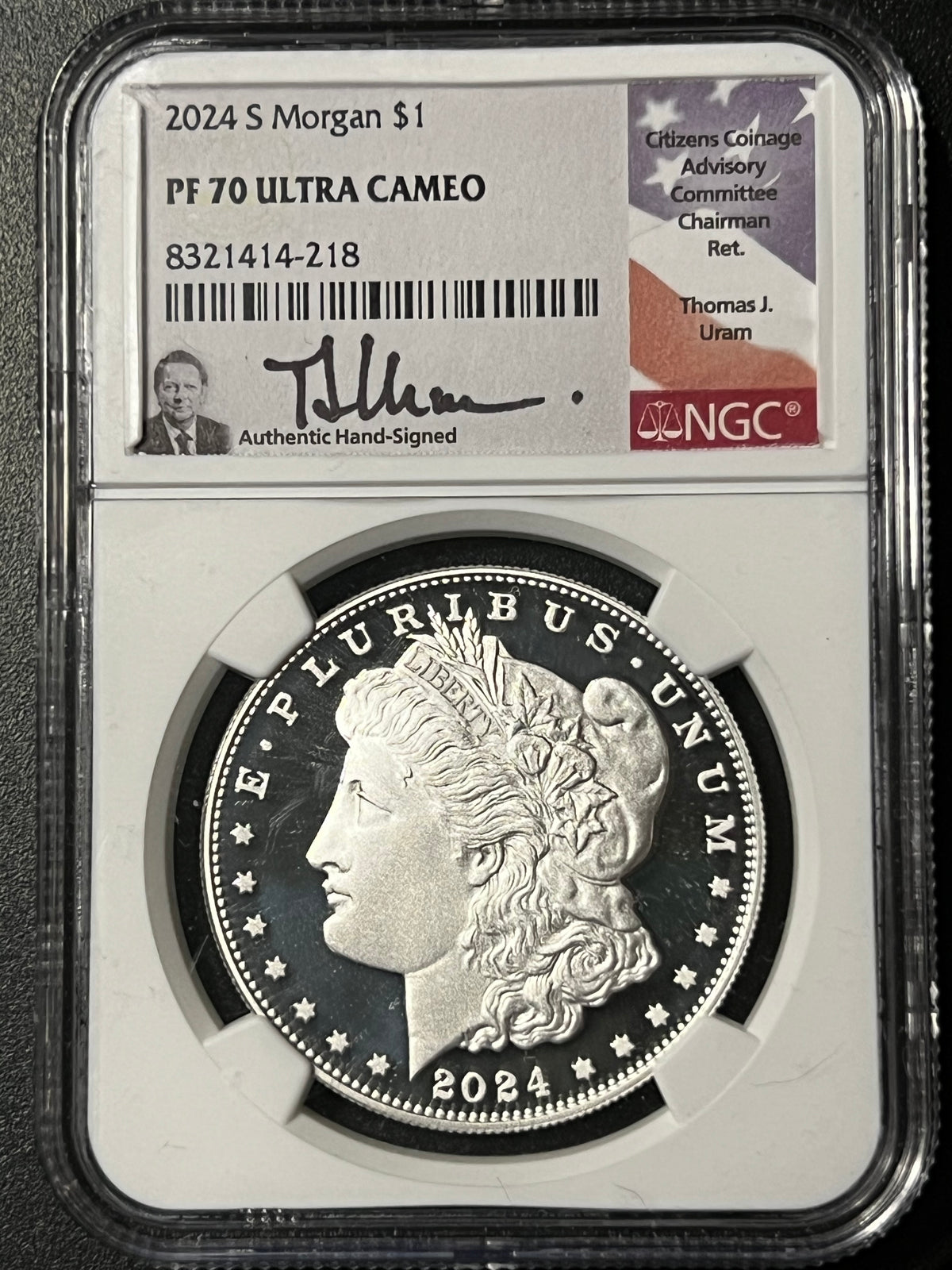2024-S Morgan Dollar $1 — NGC PF 70 Ultra Cameo (Thomas J. Uram Hand-Signed Label)