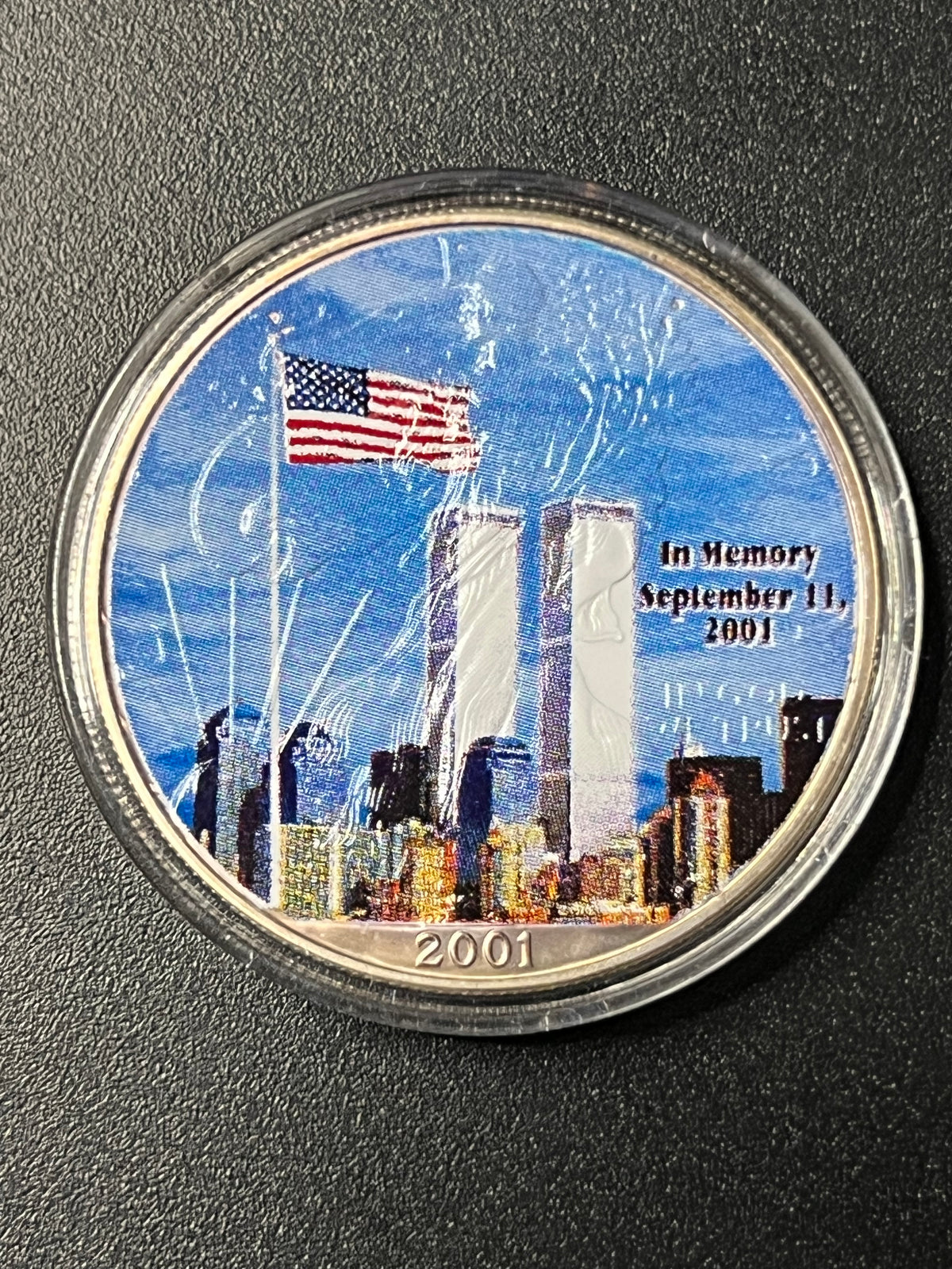 "In Memory September 11, 2001 / God Bless America" Colorized Tribute Commemorative Round – Encapsulated