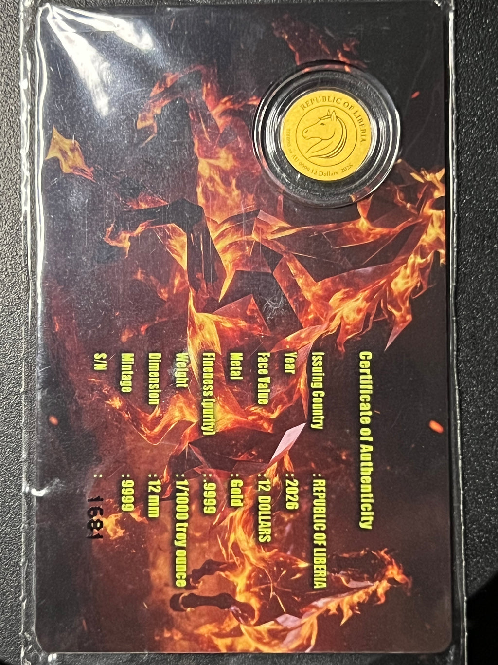 2026 Republic of Liberia 12 Dollars "Year of the Fire Horse" 1/1000 oz Gold Coin — Carded Prooflike Issue