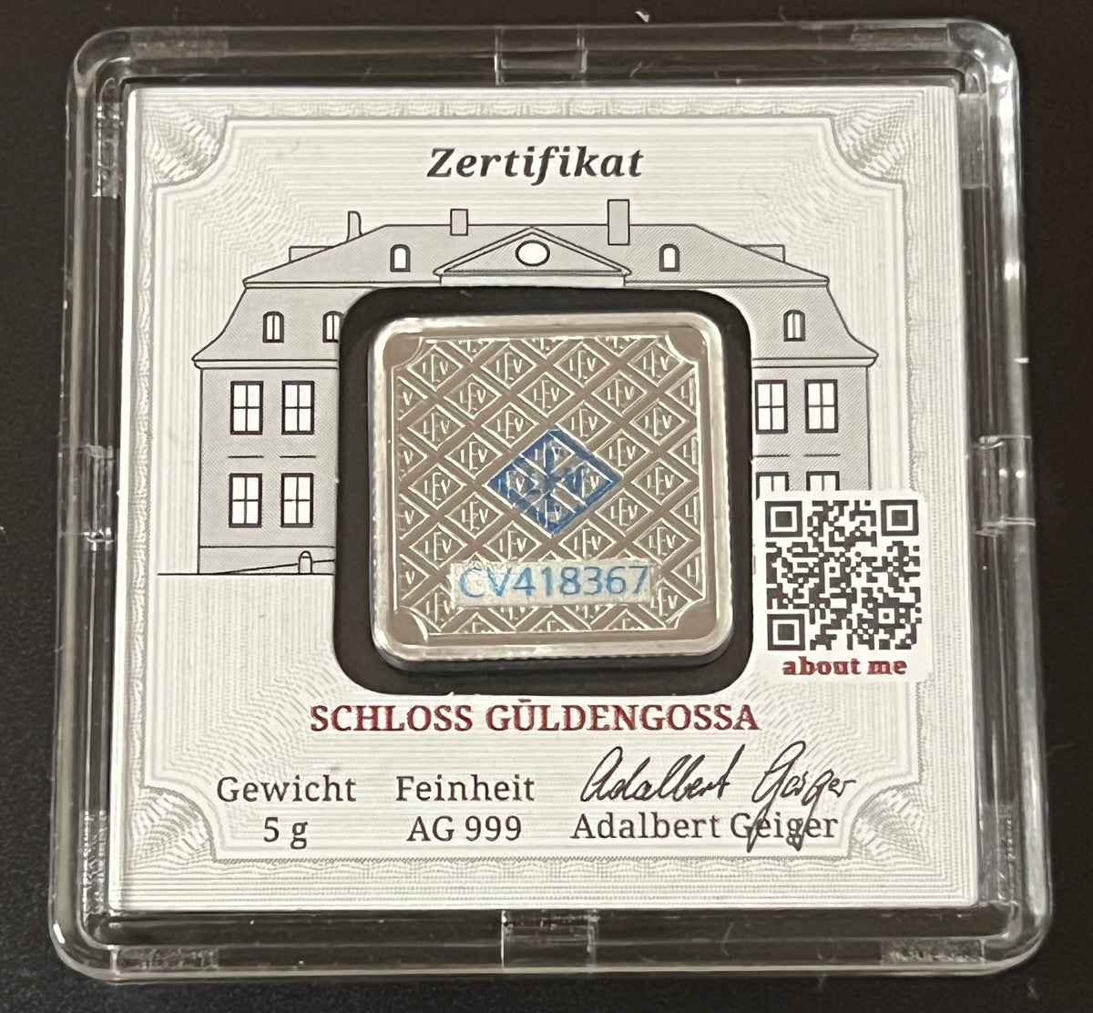 Geiger Edelmetalle 5 Gram .999 Silver Square Bar (In Assay / Certicard)