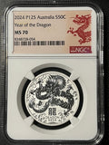 2024 P125 Australia 50c Year of the Dragon Silver Coin — NGC MS70 (Special Red Dragon Label, Certified Slab)