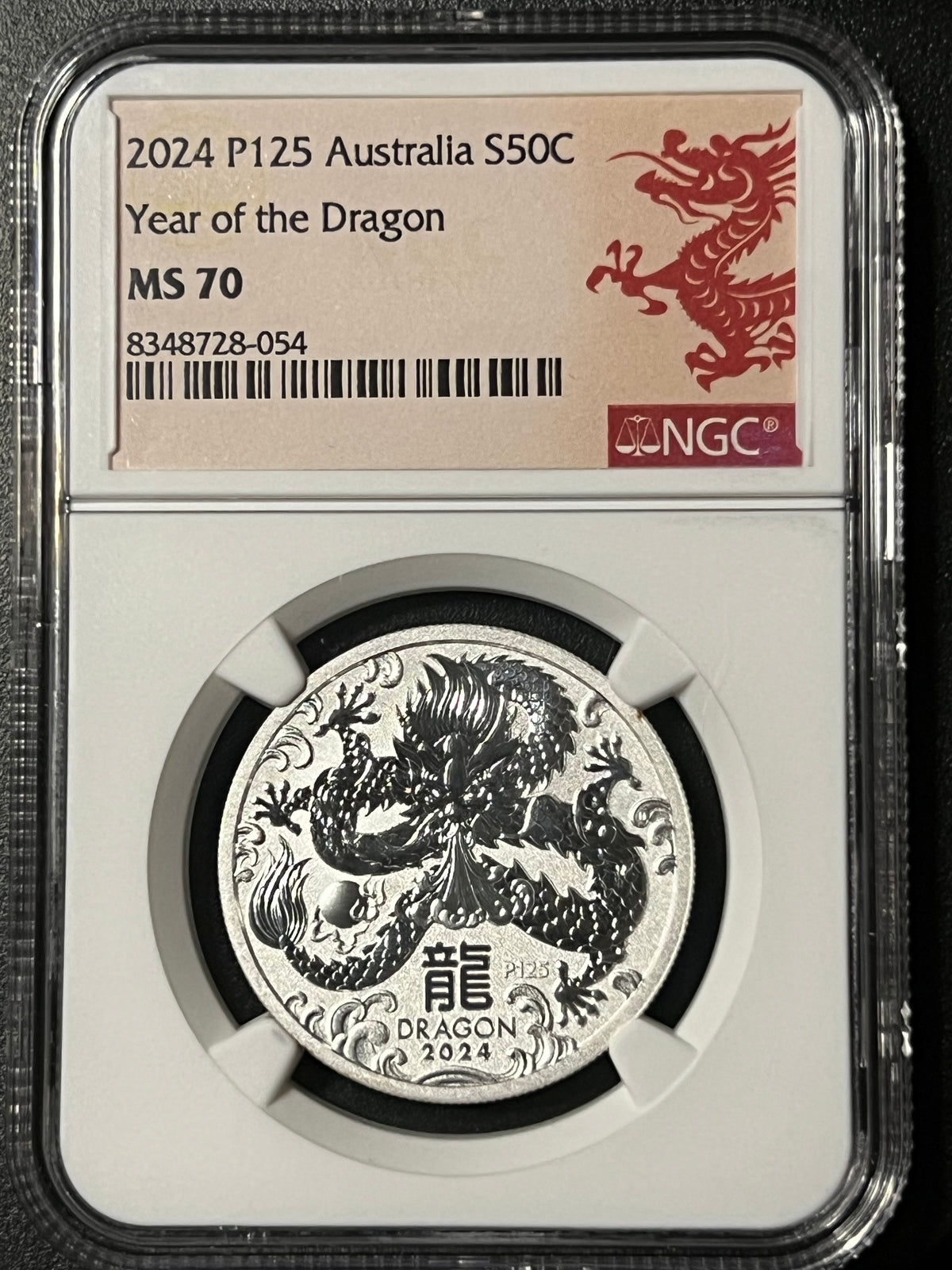 2024 P125 Australia 50c Year of the Dragon Silver Coin — NGC MS70 (Special Red Dragon Label, Certified Slab)