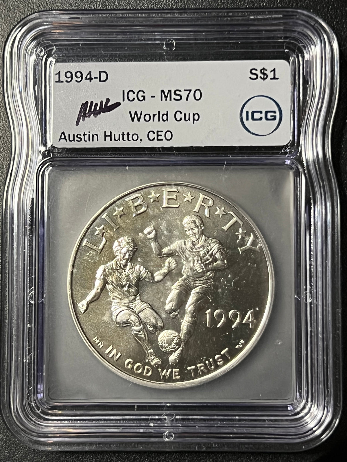 1994-D $1 World Cup Commemorative Silver Dollar — ICG MS70 (Certified Slab with Executive Sign-Off)