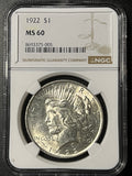1922 $1 Peace Silver Dollar - NGC MS 60