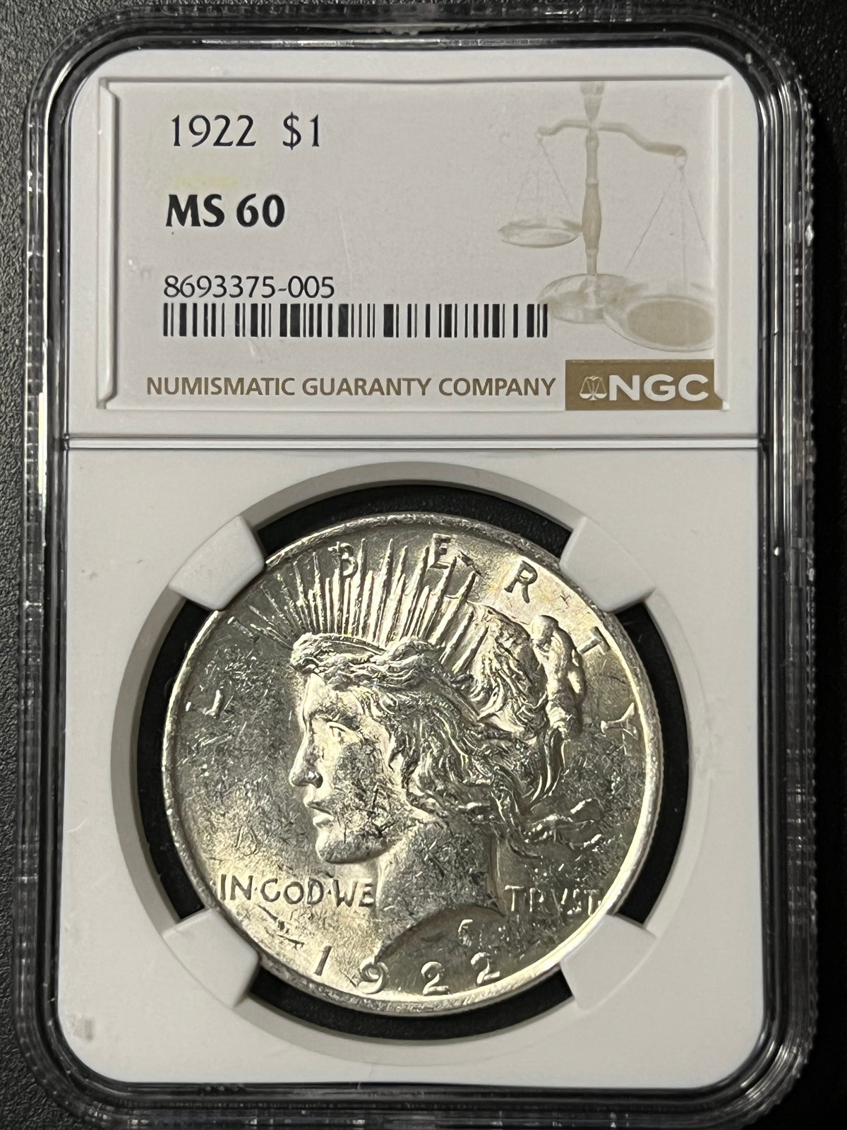 1922 $1 Peace Silver Dollar - NGC MS 60