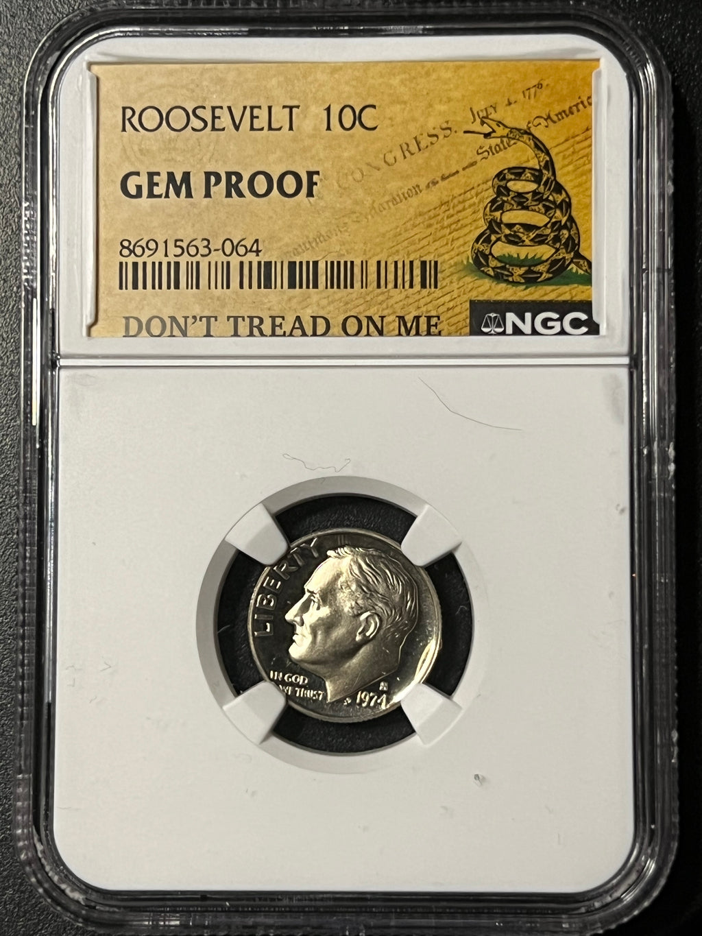 Roosevelt Dime – NGC Gem Proof ("Don't Tread On Me" Gadsden Label)