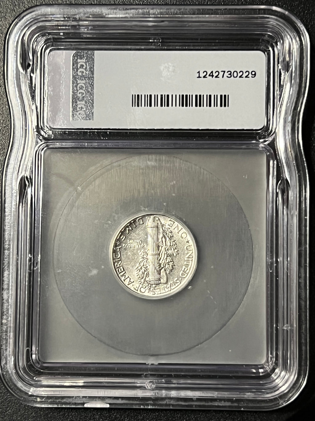 1944 Mercury Dime — ICG GLO AU55 — UV Fluorescent Holder