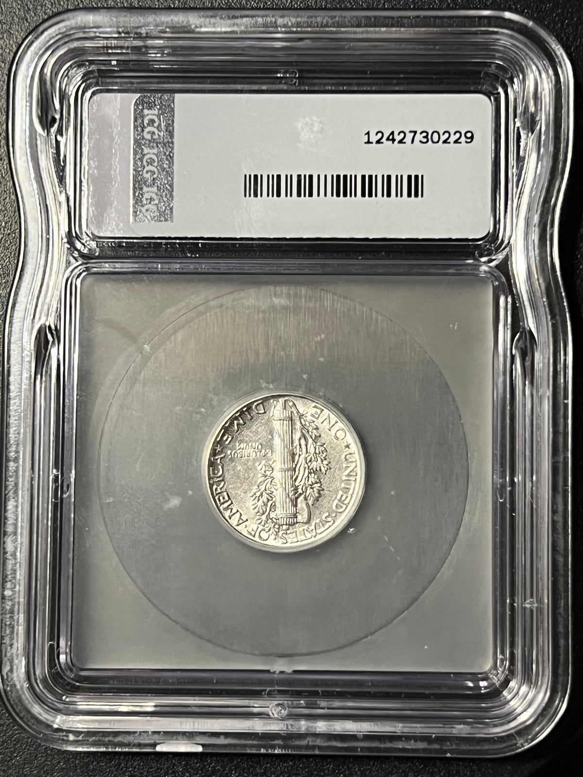 1944 Mercury Dime — ICG GLO AU55 — UV Fluorescent Holder