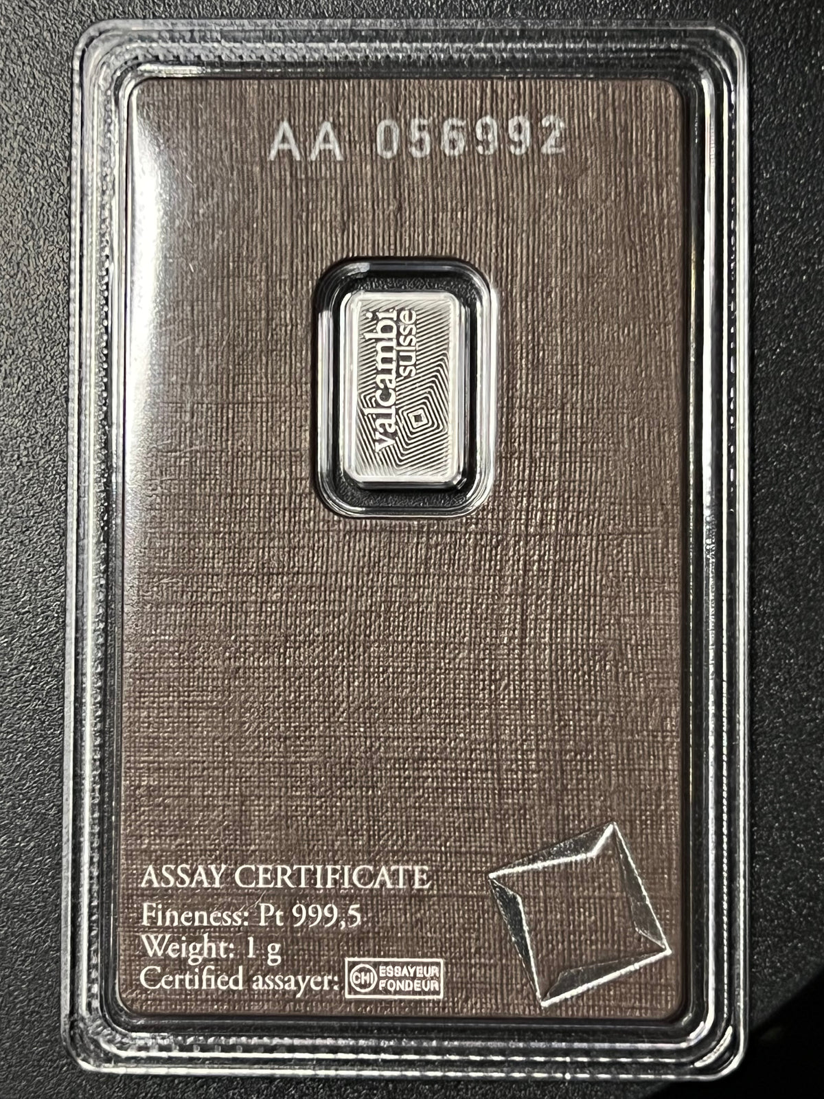 Valcambi Suisse 1 Gram .9995 Fine Platinum Bar (Assayed in CertiCard)