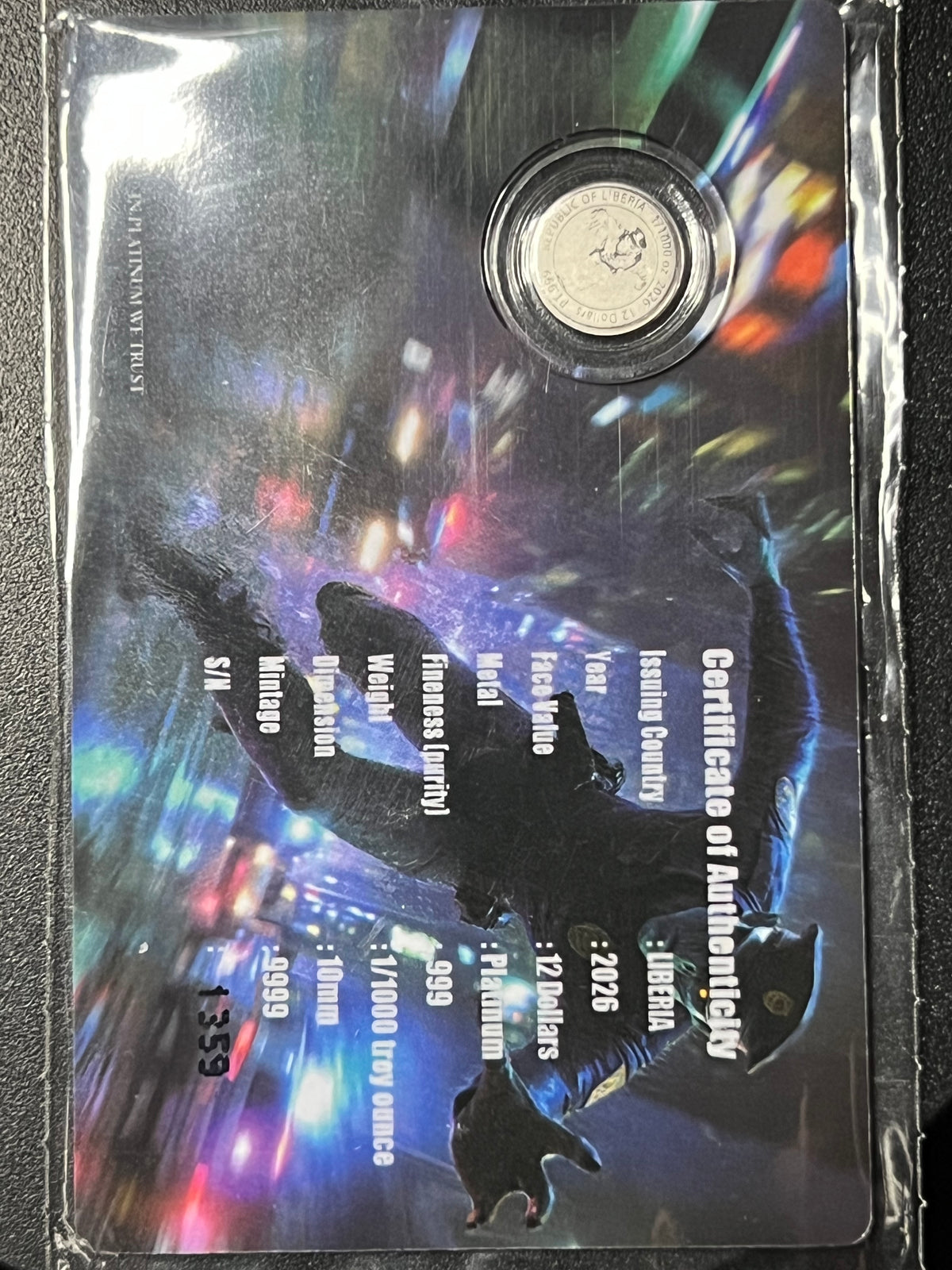 2026 Republic of Liberia 12 Dollars "Alien First Responders Police" 1/1000 oz Platinum Coin — Carded Prooflike Issue