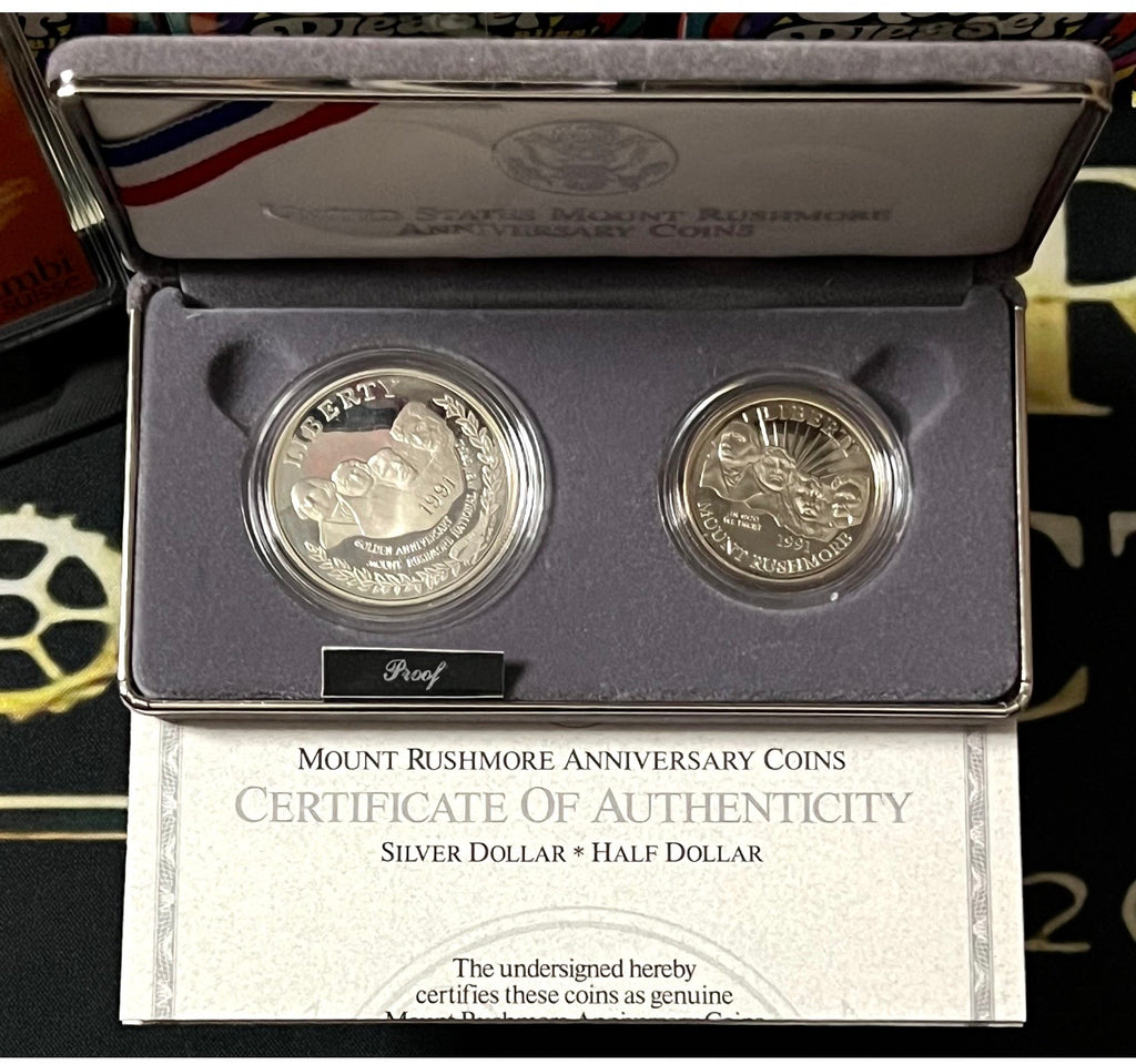 1991-S Mount Rushmore Anniversary Two-Coin Proof Set (Silver Dollar & Half Dollar)