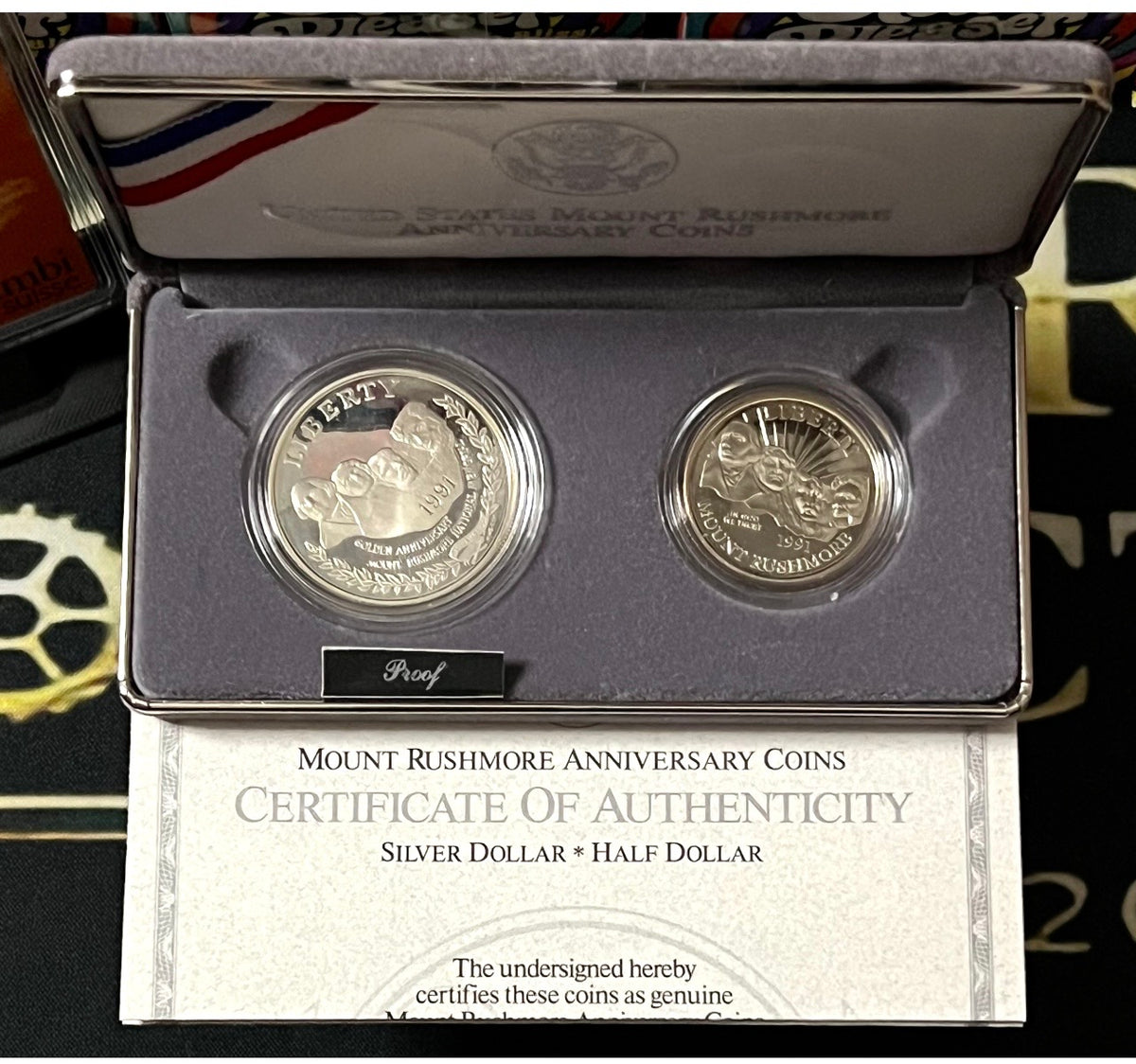 1991-S Mount Rushmore Anniversary Two-Coin Proof Set (Silver Dollar & Half Dollar)