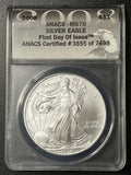 2008 1 oz American Silver Eagle — ANACS MS70 First Day Of Issue (Certified Slab)