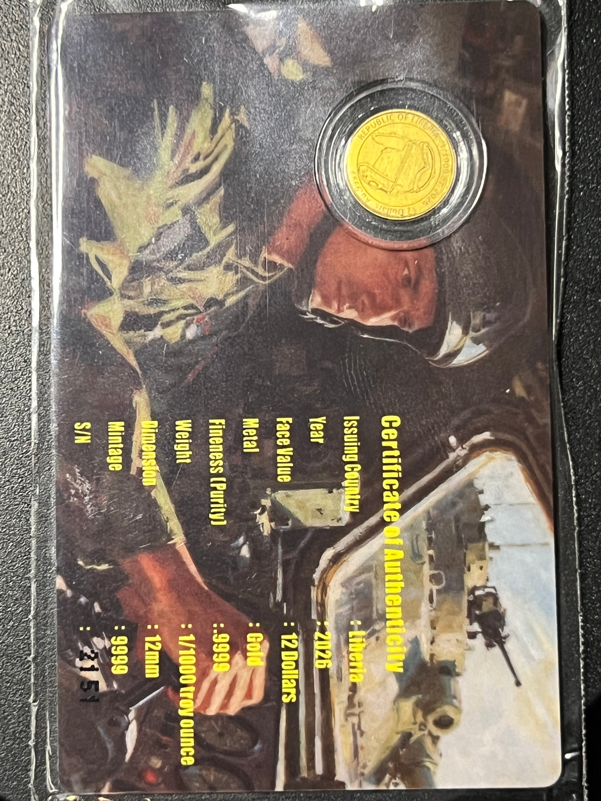 2026 Republic of Liberia 12 Dollars "Tank" 1/1000 oz Gold Coin — Carded Prooflike Issue