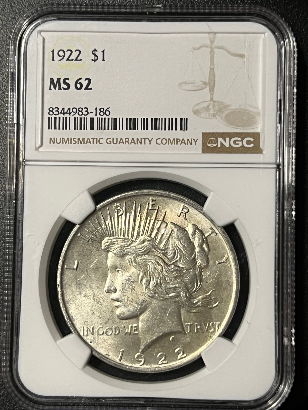 1922 $1 Peace Silver Dollar - NGC MS 62