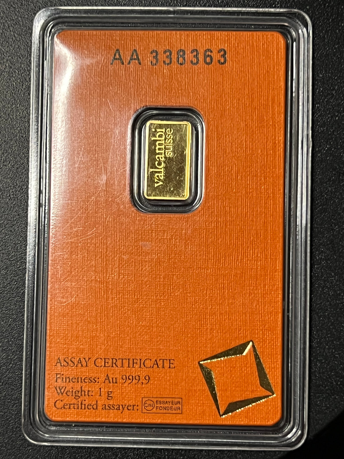 Valcambi Suisse 1 Gram .9999 Fine Gold Bar (Assayed in CertiCard Holder)