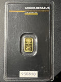 Argor-Heraeus 1 Gram .9999 Fine Gold Bar (Assayed in Tamper-Evident Card)